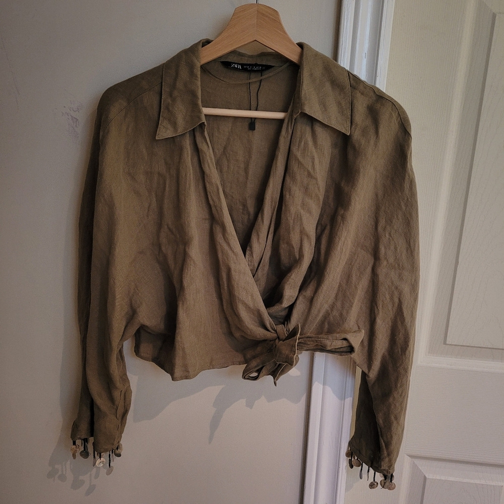 Zara Linen Front Tie Blouse